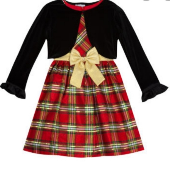 Little Girls 2T-16.5 Long-Sleeve Lurex Plaid Dress & Velvet Cardigan - Picture 1 of 6